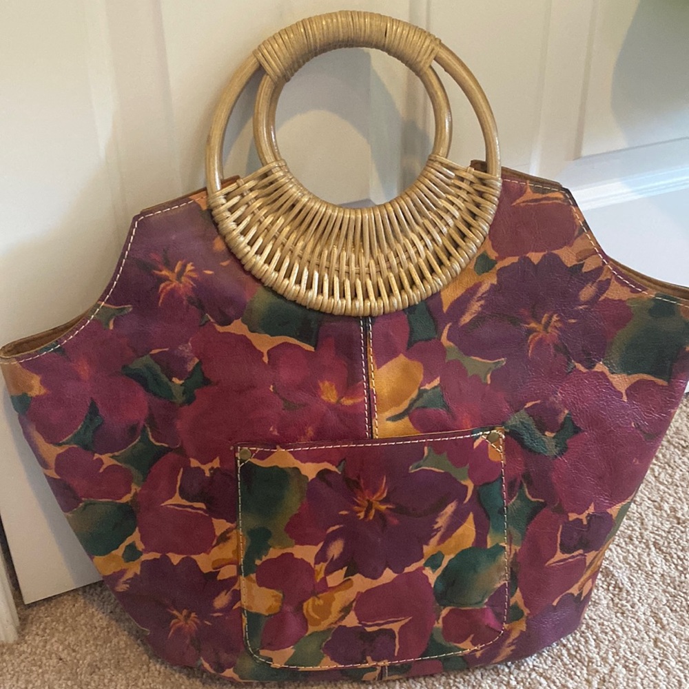 Patricia nash tote handbag pratella floral leather rattan wood handle euc